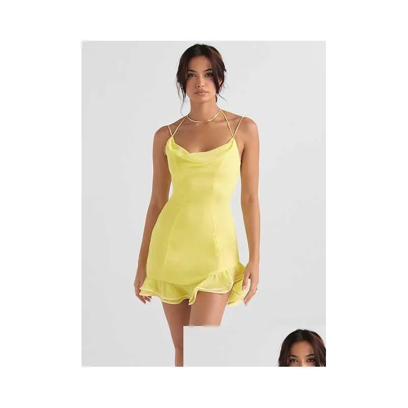 high quality light beach robe sleeveless mini dress chic ruffles chiffon 2022 summer party yellow dress for women