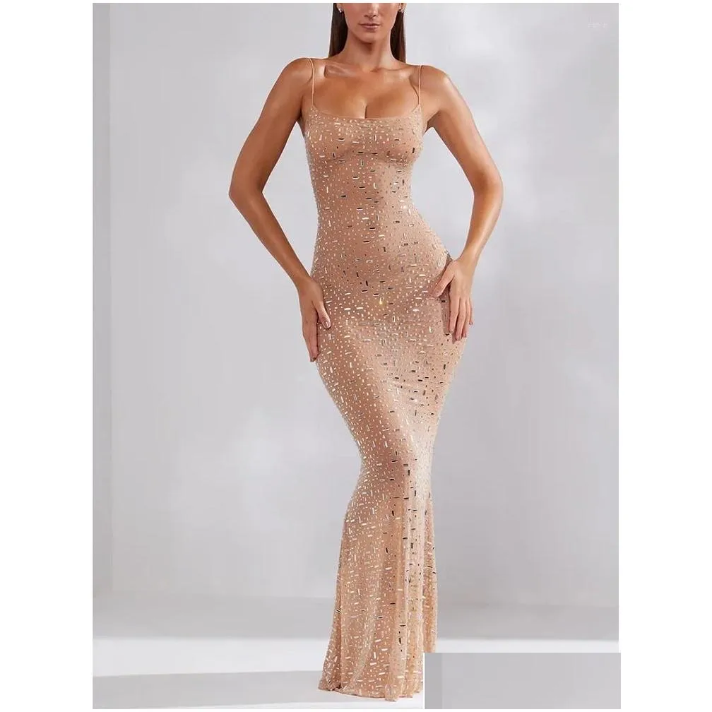 casual dresses sexy spaghetti strap shiny evening backless mesh rhinestones dinner formal occasion gown for ladies
