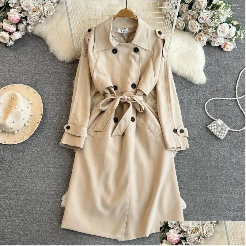 Women`s Trench Coats Clothland Women Elegant Long Coat Double Breasted European Style Belt Sashes Basic Office Jacket Mujer CA907