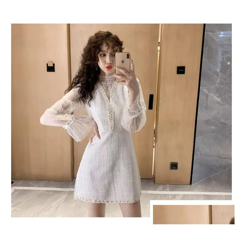 2021 white and black autumn women`s two-piece set lace bottoming shirt + ladies tweed beaded v-neck vest a-line dresses