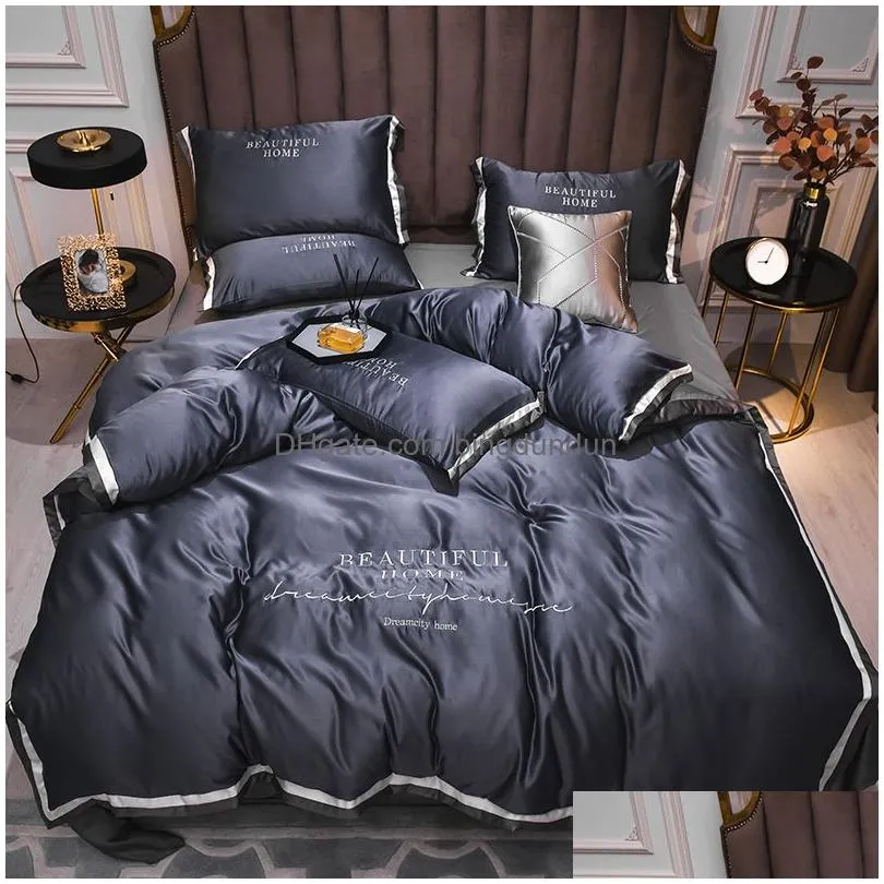 Bedding sets Luxury Sets Pink Grey White Rayon Embroidery Sheet Quilt Pillowcase Comfortable Soft Fluffy King Queen 4pcs 230809