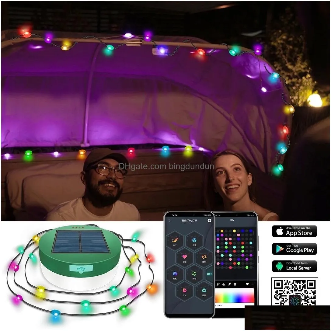 Garden Decorations Solar String Lights Outdoor Smart APP Control Camping Rechargeable Waterproof Emergency RGB Tent Garland 230705