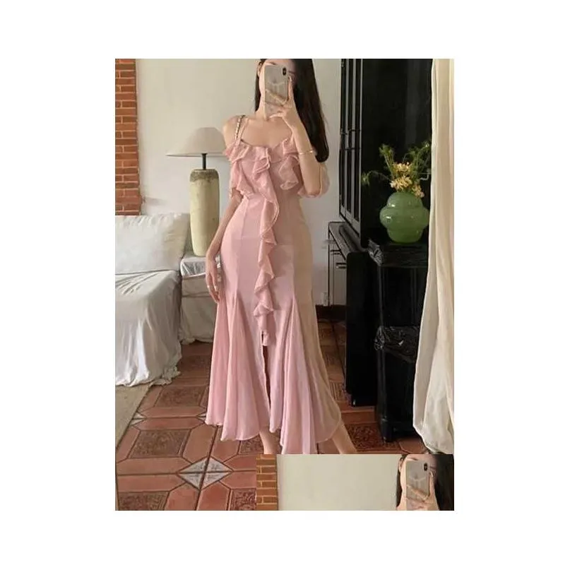 women sumemr pink chiffon ruffles off shoulder split long dress wedding prom dress robe elegante femme bridesmaid dresses