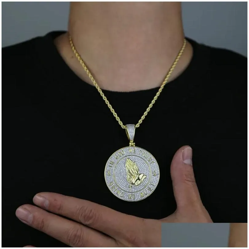 New arrived hip hop pendant with full cz paved gold plated punk styles letter in god we trust charm with rope chain necklace for men boy pray jewelry drop