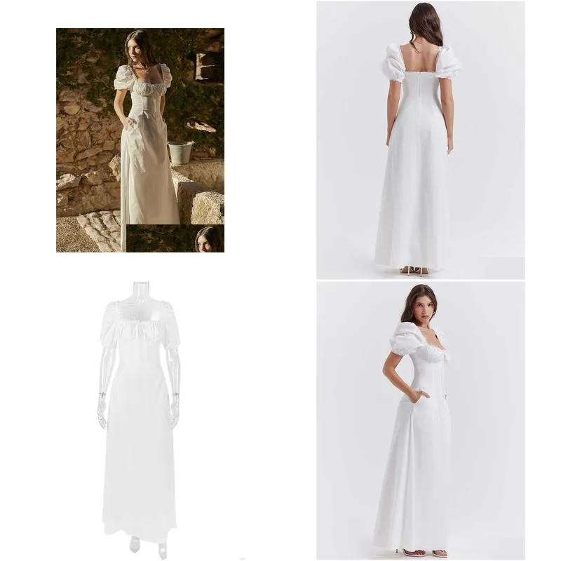 elegant and chic lovely short puff sleeve maxi dress prom party gown outfits summer long white dresses for woman 2023