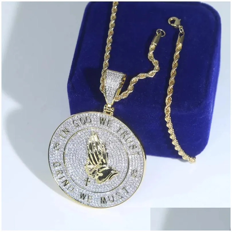 New arrived hip hop pendant with full cz paved gold plated punk styles letter in god we trust charm with rope chain necklace for men boy pray jewelry drop