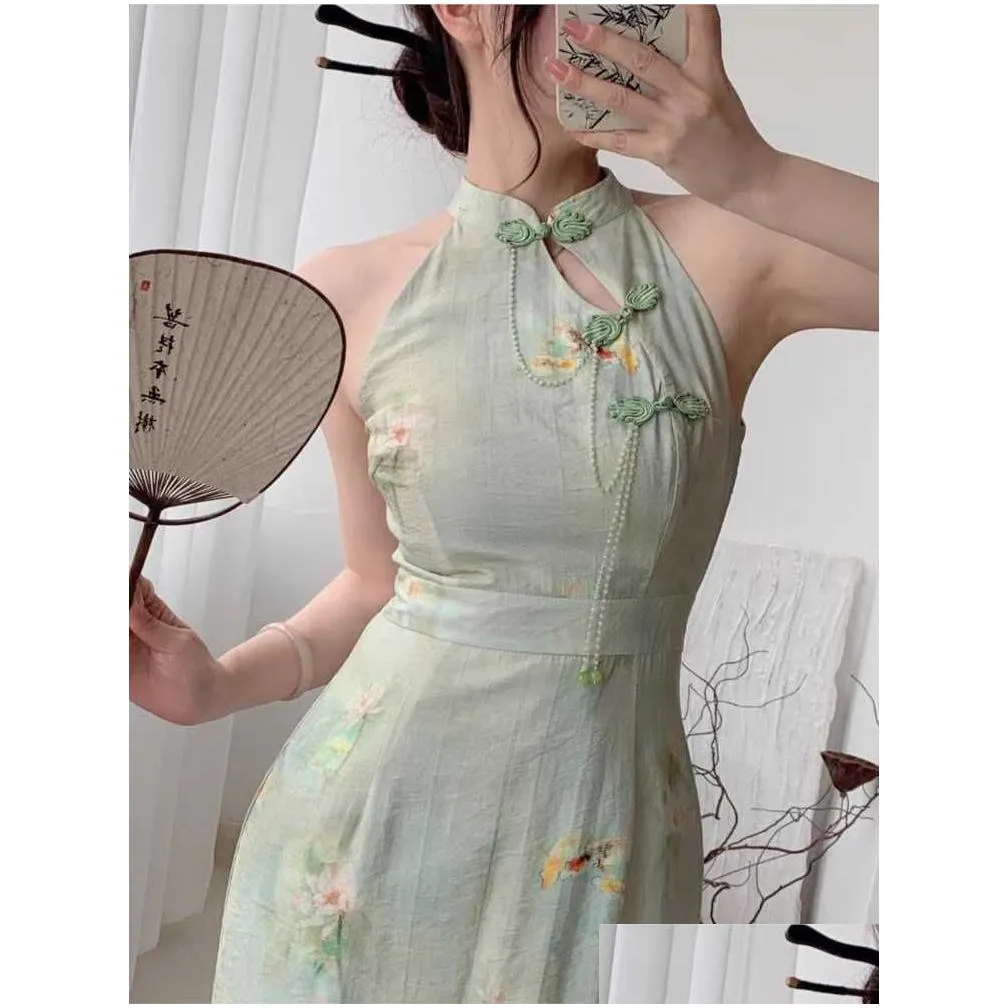 young girl cheongsam dress chinese style improved modern qipao sleeveless vintage print floral women elagant party dress