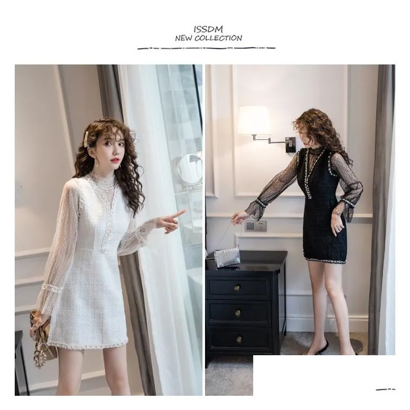 2021 white and black autumn women`s two-piece set lace bottoming shirt + ladies tweed beaded v-neck vest a-line dresses