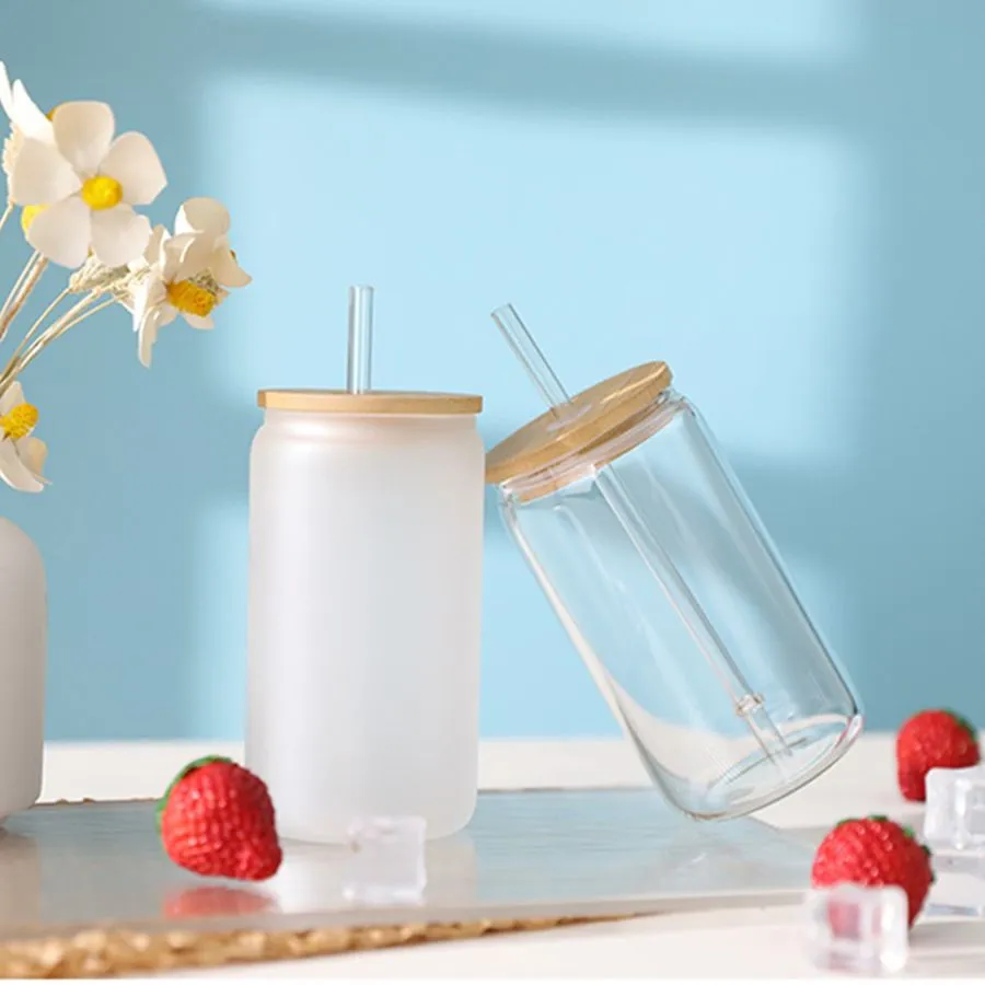 350ml/500ml Sublimation Glass Cup Can With Bamboo Lid Iced Coffee Glass Clear or Frosted Mason Jar Cup Juice Bottle For Summer Party Glass Tumbler With Lid and