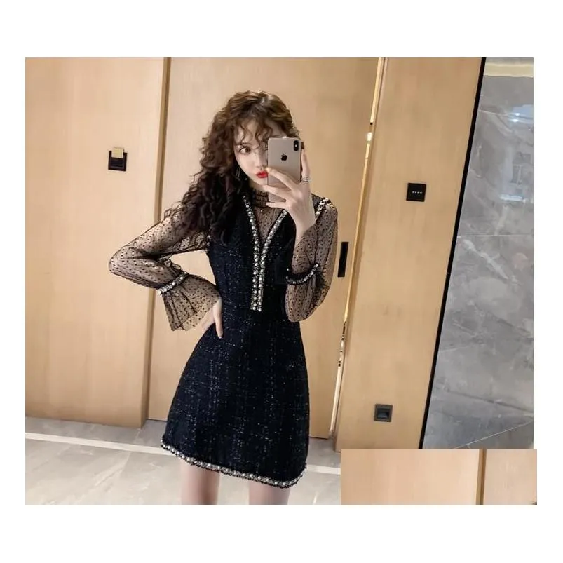 2021 white and black autumn women`s two-piece set lace bottoming shirt + ladies tweed beaded v-neck vest a-line dresses