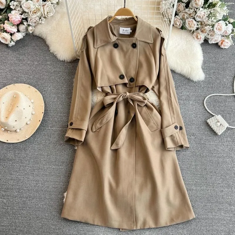 Women`s Trench Coats Clothland Women Elegant Long Coat Double Breasted European Style Belt Sashes Basic Office Jacket Mujer CA907