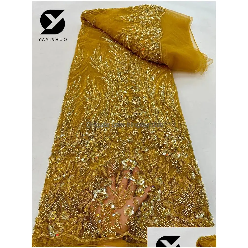 Luxury African Heavy Beaded Lace Fabric 2023 High Quality 5 Yards Nigerian Sequins Tulle 3D Material For Wedding Y6323 231226