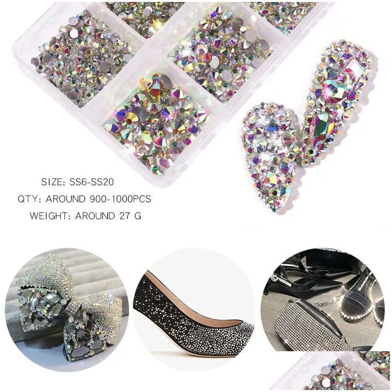 6Grids SS6-SS20 Crystal Nail Art Rhinestones Mixed Color Flat Bottom AB Porcelain White Champagne 3D Nails Decoration