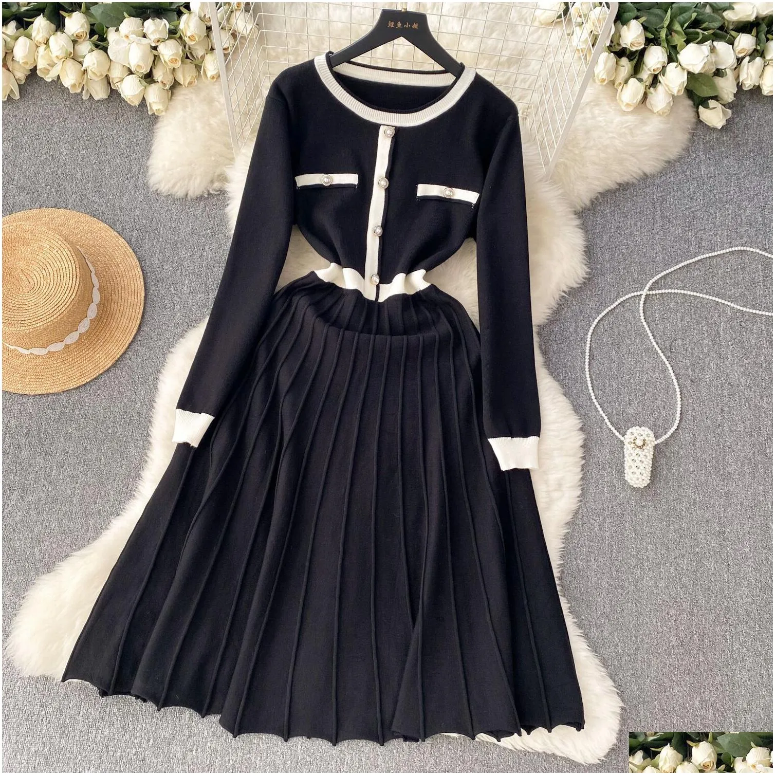 urban sexy women` dresses sweet style women`s dress contrast color knitted button work pleated high waist dresses winter spring 2024
