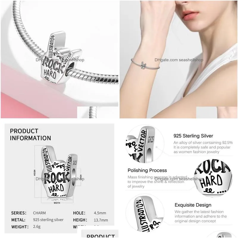 Other Love You Rock Gesture Beads 100% 925 Sterling Silver Charms Fits Original Bracelets Making Jewelry& Accessories