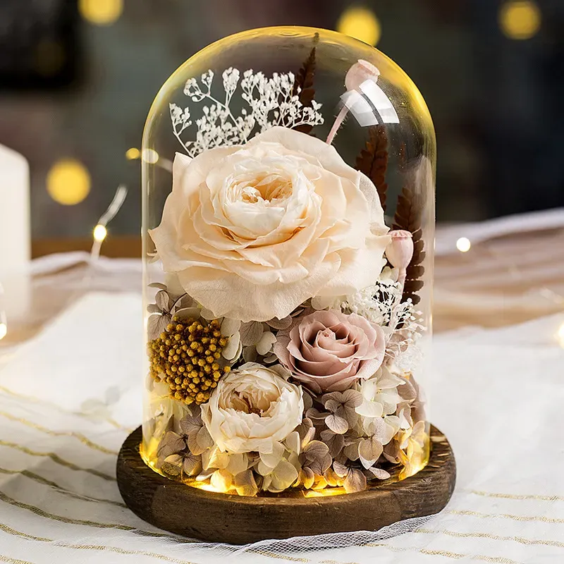 Eternal Flower Handmade Preserved Real Rose Glass Cover Holder Immortal Flowers Valentines Day Birthday Gifts Wedding Supplies