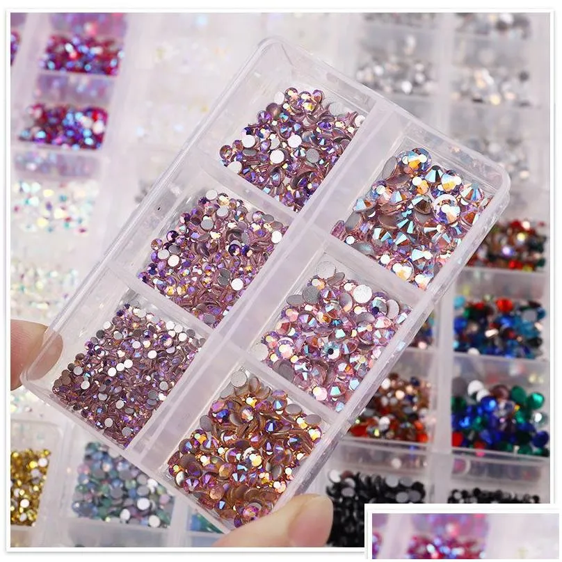 6Grids SS6-SS20 Crystal Nail Art Rhinestones Mixed Color Flat Bottom AB Porcelain White Champagne 3D Nails Decoration