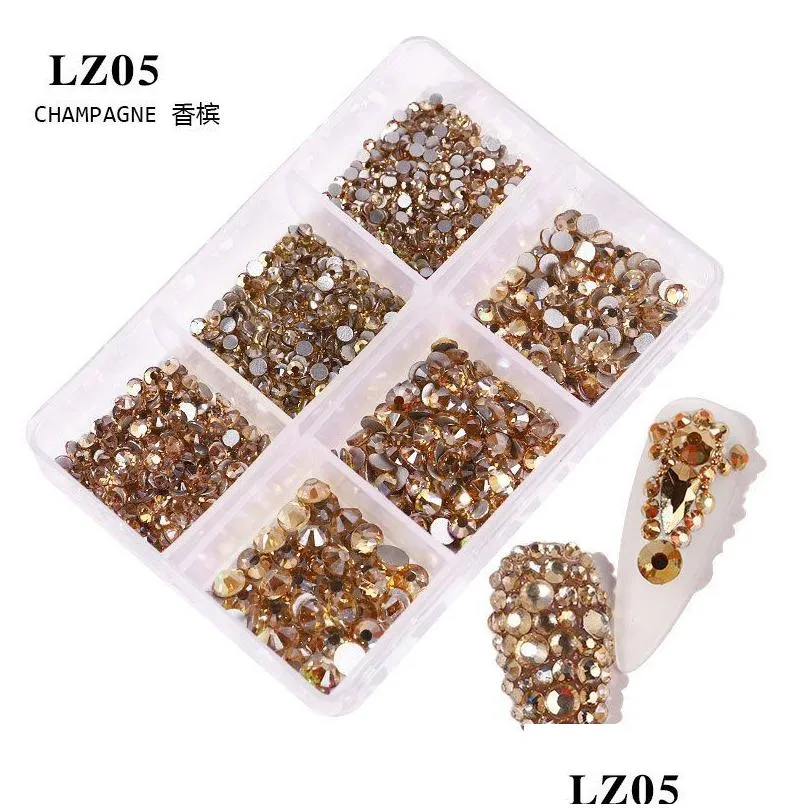 6Grids SS6-SS20 Crystal Nail Art Rhinestones Mixed Color Flat Bottom AB Porcelain White Champagne 3D Nails Decoration