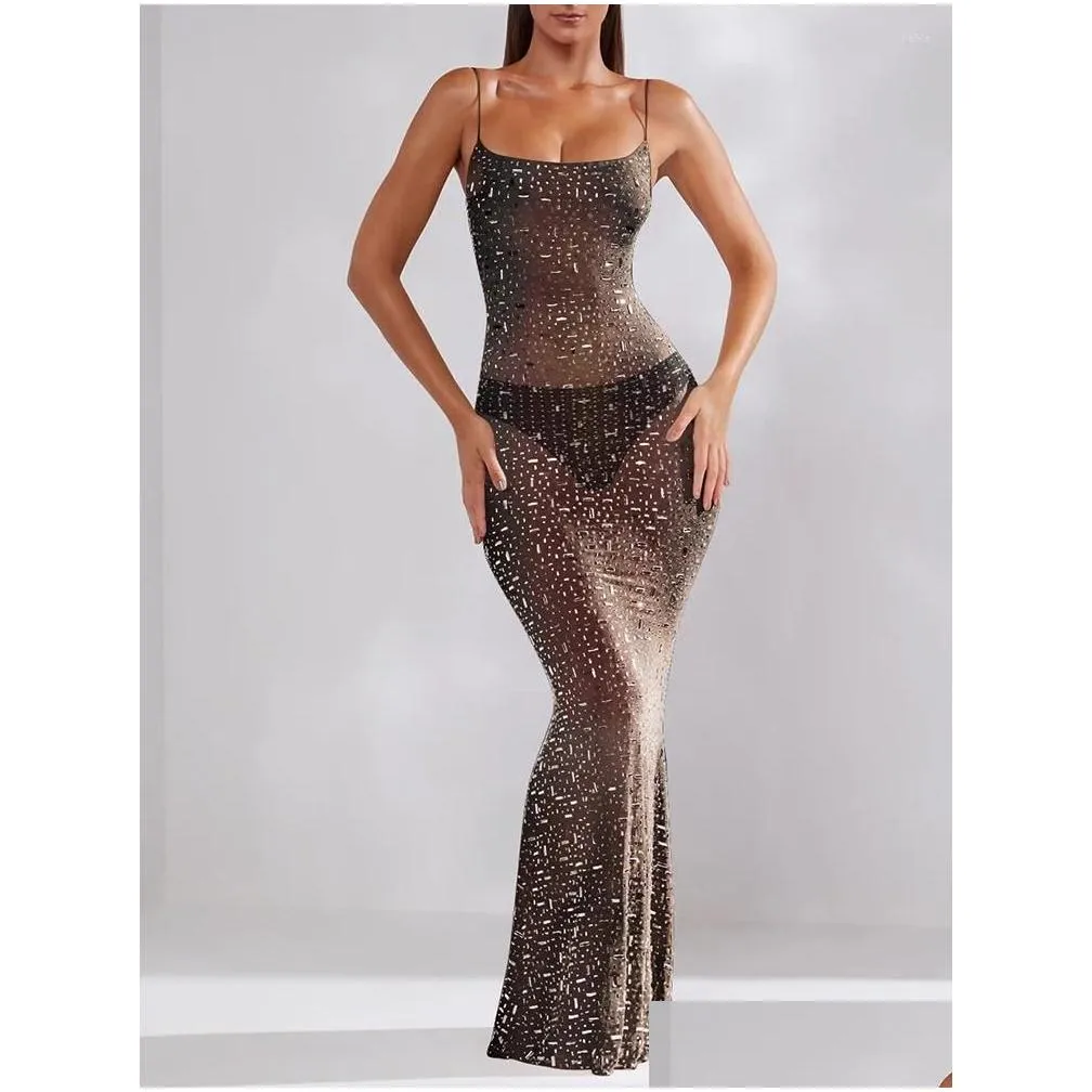 casual dresses sexy spaghetti strap shiny evening backless mesh rhinestones dinner formal occasion gown for ladies