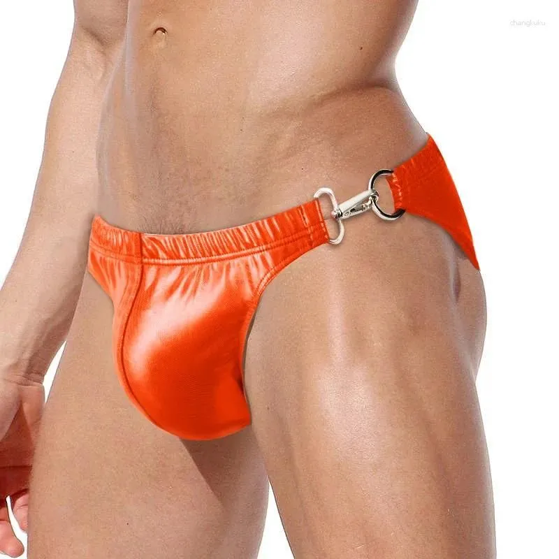 Men`s Swimwear Sexy Mens Swim Briefs PU Faux Leather With Buckle Swimming Trunks Bikini Tanga Swimsuit Bathing Suit Beach Underpants