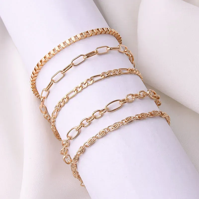 Charm Bracelets 5 Pcs/set Gold Color Link Chain For Women Simple Braclets Girls Wristband Fashion Woman 2023