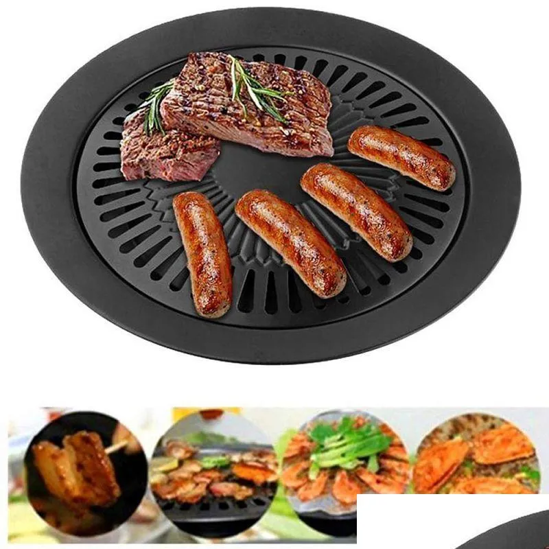 BBQ Tools Accessories 1Pcs Korean Barbecue Plate Round Iron Grill Smokeless Non Stick Gas Stove Roasting Cooking Tool Sets 230721