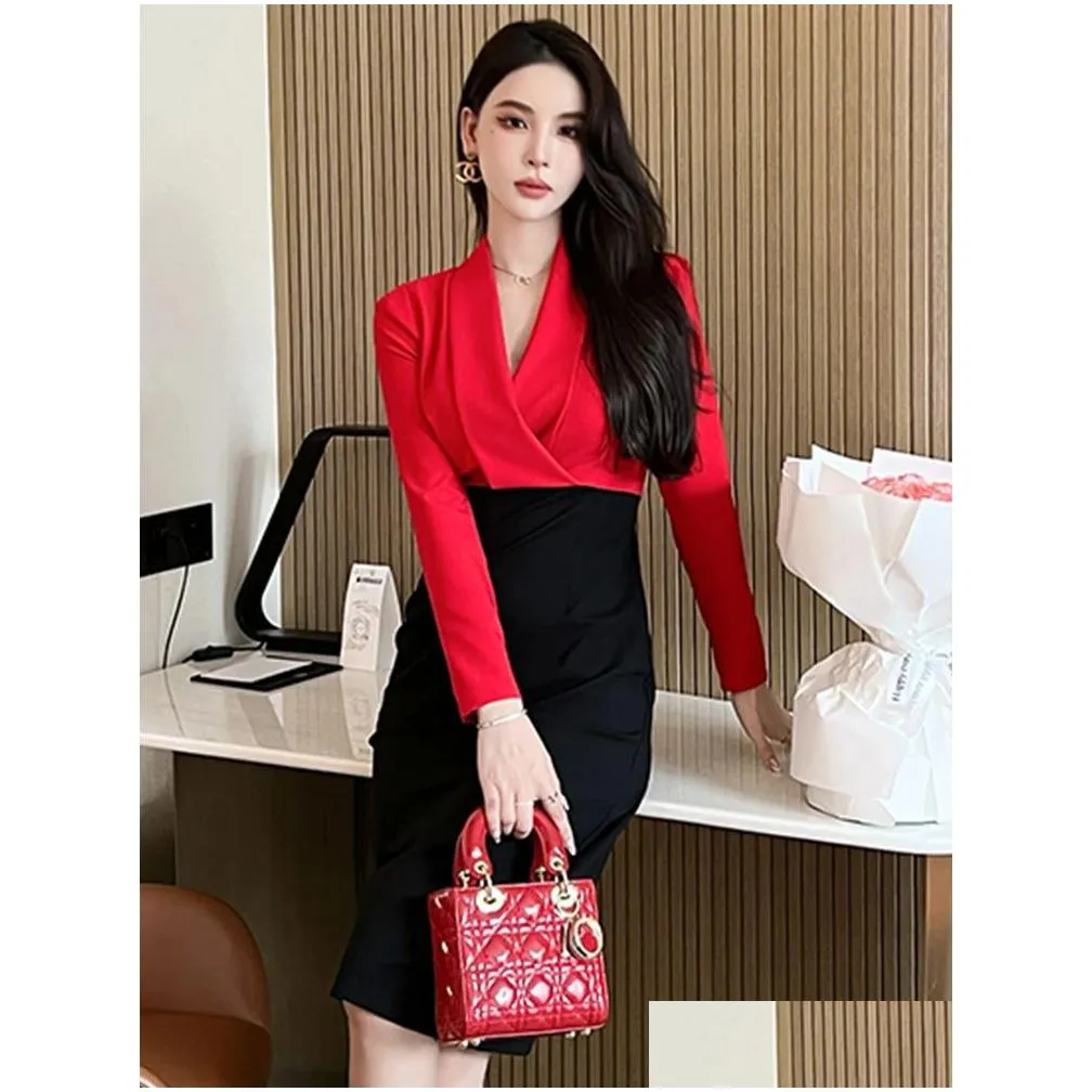 basic casual women dresses summer spring elegant midi dresses for women office lady profession dress red black panelled slim vestido business robe female