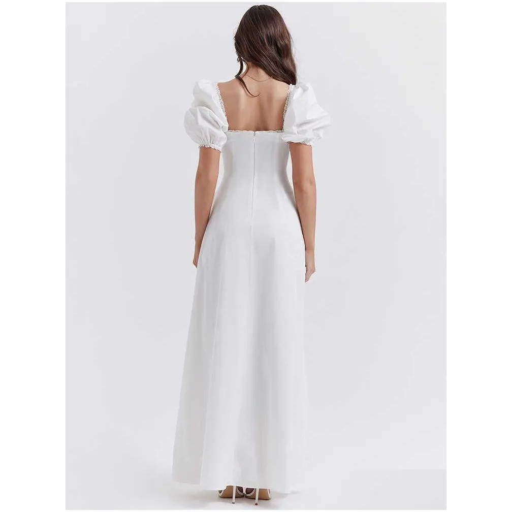elegant and chic lovely short puff sleeve maxi dress prom party gown outfits summer long white dresses for woman 2023
