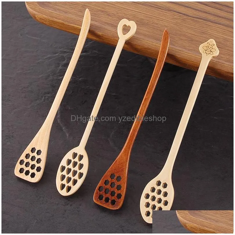 handle wooden long spoon coffee tea honeycomb shape stirring spoons mixing stick kitchen stirrer dipper tableware collect dispense honey tool jy1149