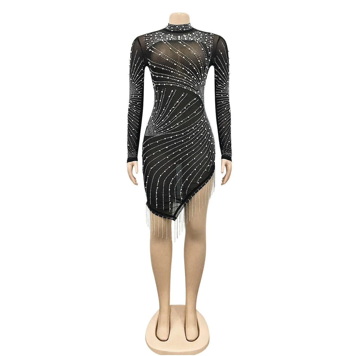 2022 summer see-through mesh diamonds dress women slim elastic mini dresses tassel lady club party night outfit vestidos