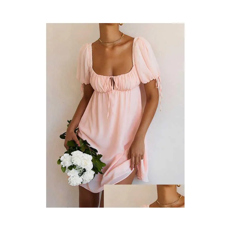 vintage puff sleeve loose dresses holidays beach outfits for women party wear pink sweet floral chiffon summer dress