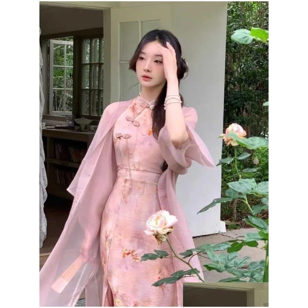 young girl cheongsam dress chinese style improved modern qipao sleeveless vintage print floral women elagant party dress
