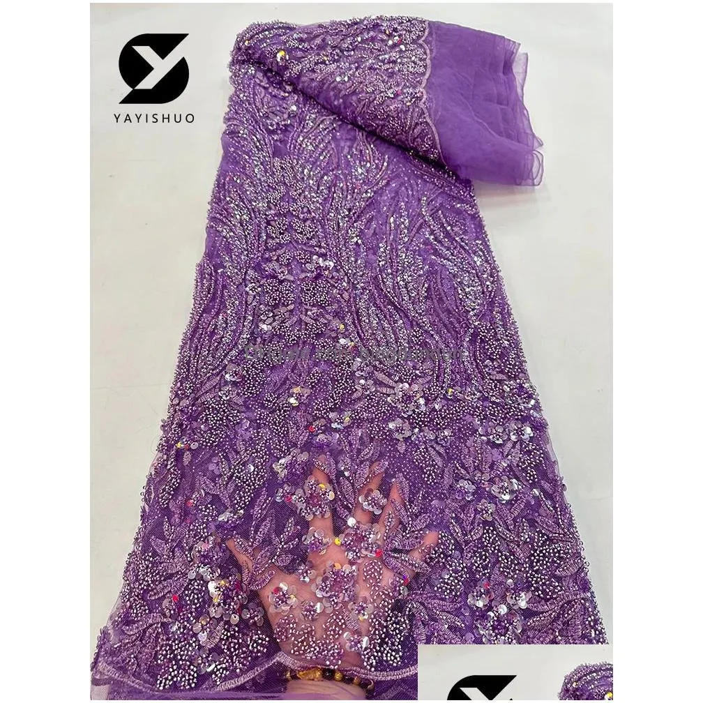 Luxury African Heavy Beaded Lace Fabric 2023 High Quality 5 Yards Nigerian Sequins Tulle 3D Material For Wedding Y6323 231226