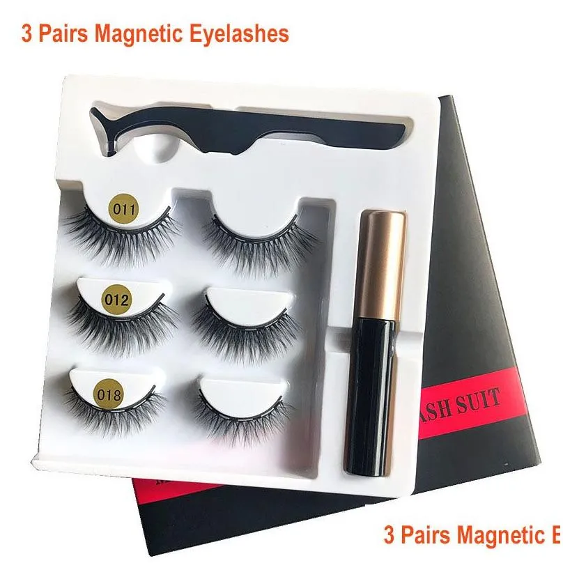 3 Pairs False Eyelashes Magnetic Eyelashes With Eyeliner And Tweezer Liquid Eyeliner Makeup Set Reusable Eyelash Waterproof Long