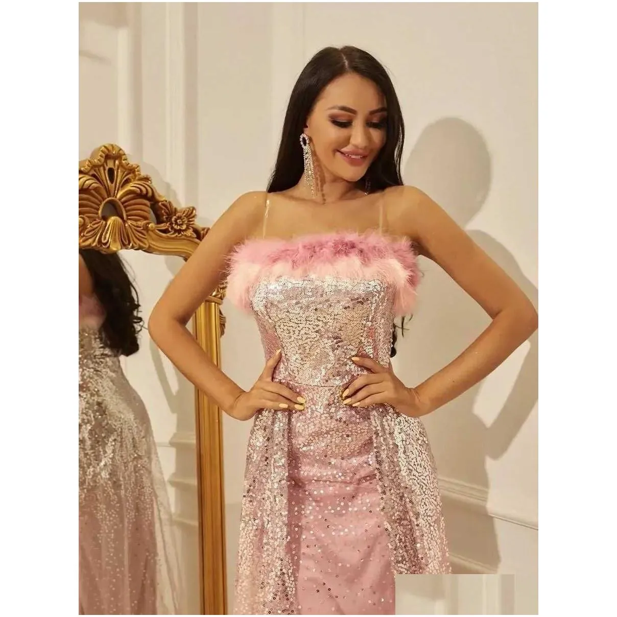 women`s new pink feather decoration sling sequin dress female summer party dresses 2022 fashion