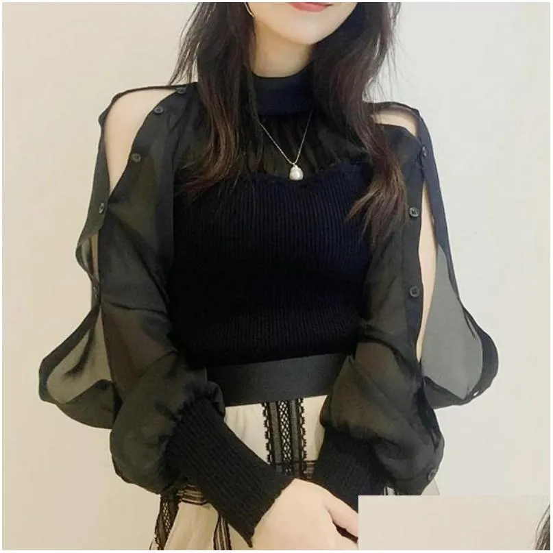 translucent open-sleeve women`s blouses work knit sweater pullover top women japanese jumpers 2023 autumn winter sweet pull femme