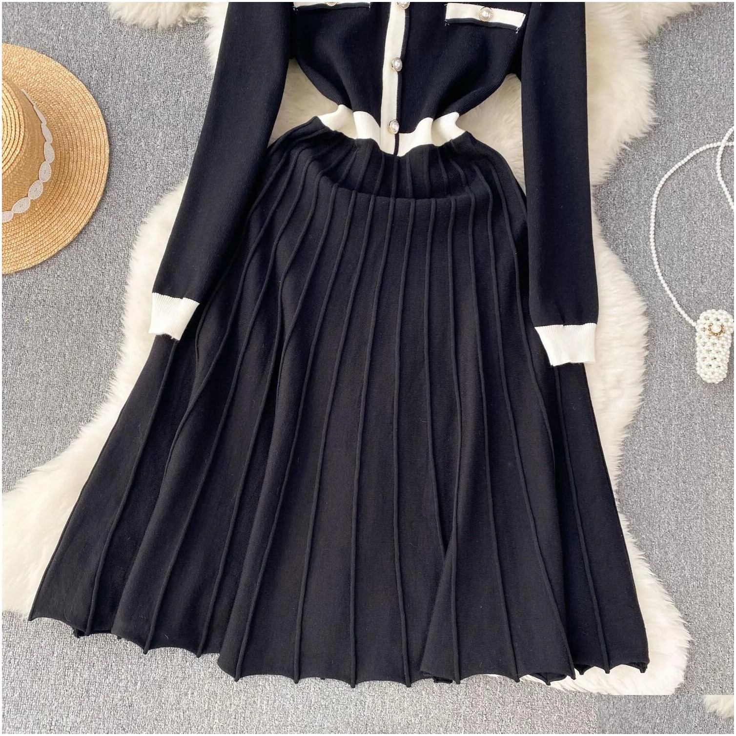 urban sexy women` dresses sweet style women`s dress contrast color knitted button work pleated high waist dresses winter spring 2024