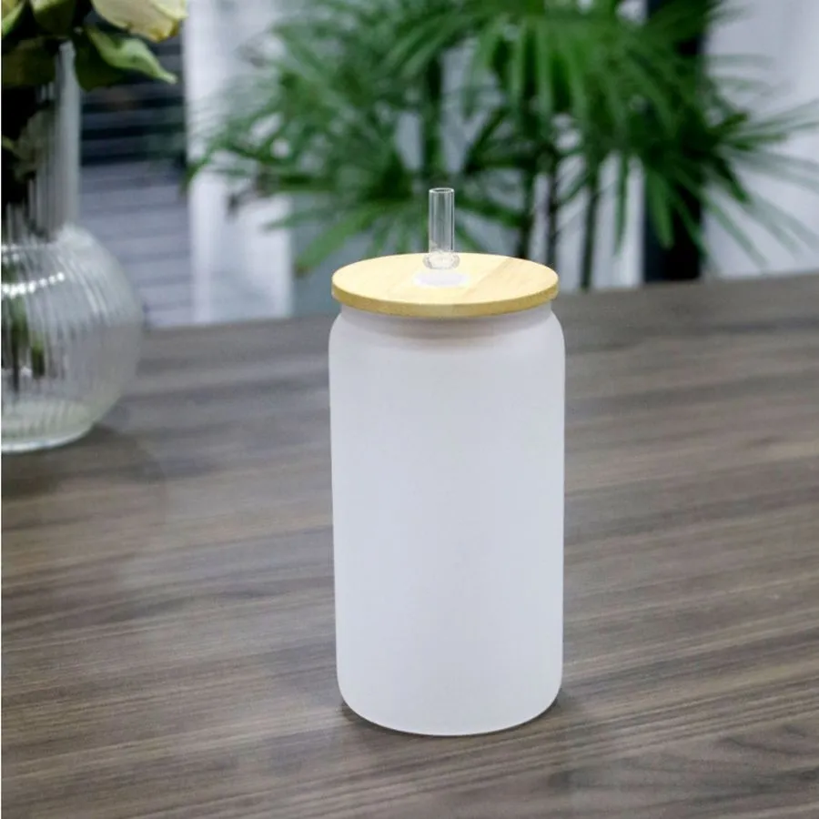350ml/500ml Sublimation Glass Cup Can With Bamboo Lid Iced Coffee Glass Clear or Frosted Mason Jar Cup Juice Bottle For Summer Party Glass Tumbler With Lid and