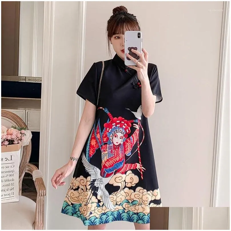 ethnic clothing fzslcyiyi traditional chinese peking opera print short sleeve fashion modern trend cheongsam dress for women qipao