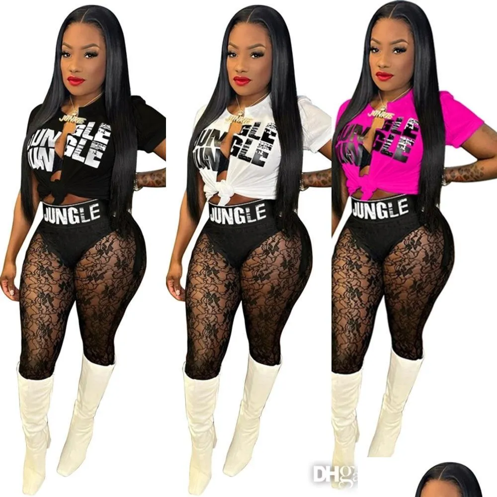 Womens Two Piece Pants 2022 Outfits Designer Clothing Summer Letter Printed T-Shirt Lace Perspective Leggings Matching Set Drop Deli Dhu9K