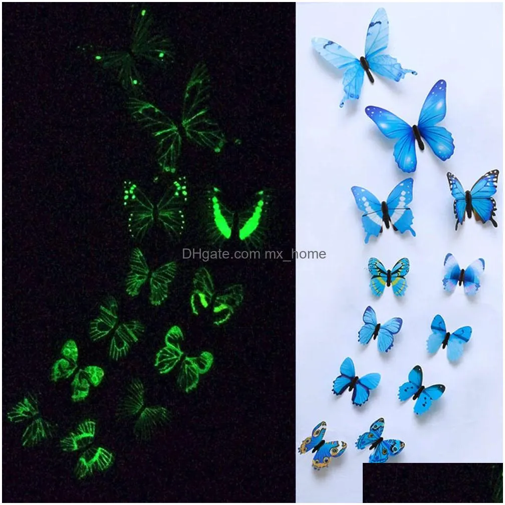 12pcs luminous 3d butterfly home decor fashion glow wall stickers for bedroom living room colorful butterflies room decoration