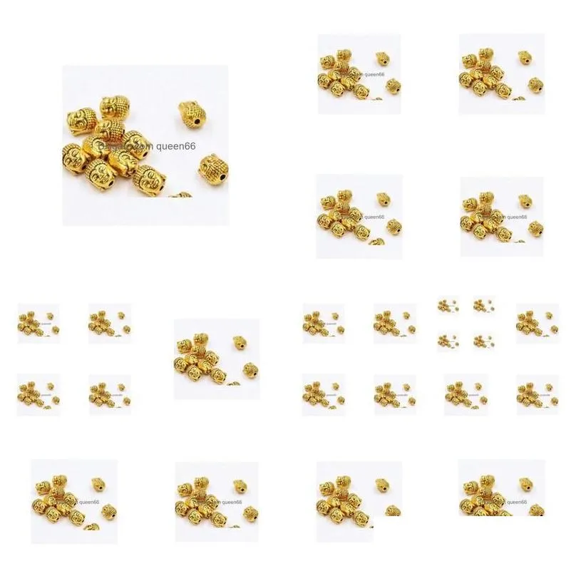 Alloy 100Pcs/Lot Gold Plated Buddha Head Spacer Beads Charms For Jewelry Diy Making 10X8Mm Drop Delivery Jewelry Loose Beads Dhdch