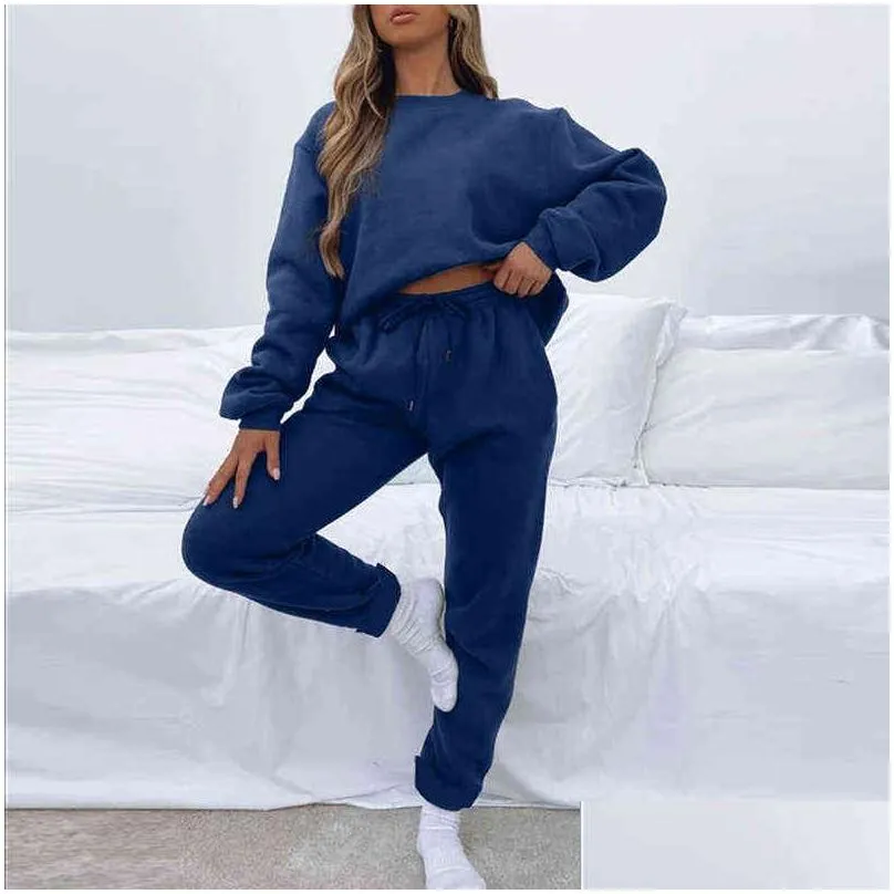 Womens Two Piece Pants Women Tracksuit Fashion Solid Sportswear Autumn Winter Long Sleeve O Neck Sweatshirt And Sweatpants Outfits F Dhycu