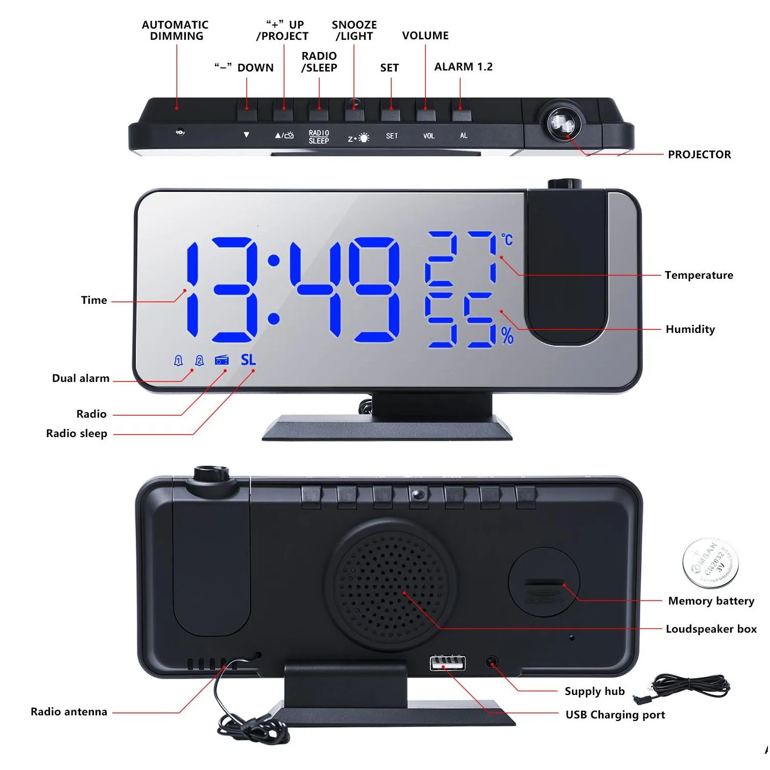 desk table clocks led digital alarm clock watch table electronic desktop clocks usb wake up fm radio time projector snooze function 2 alarm