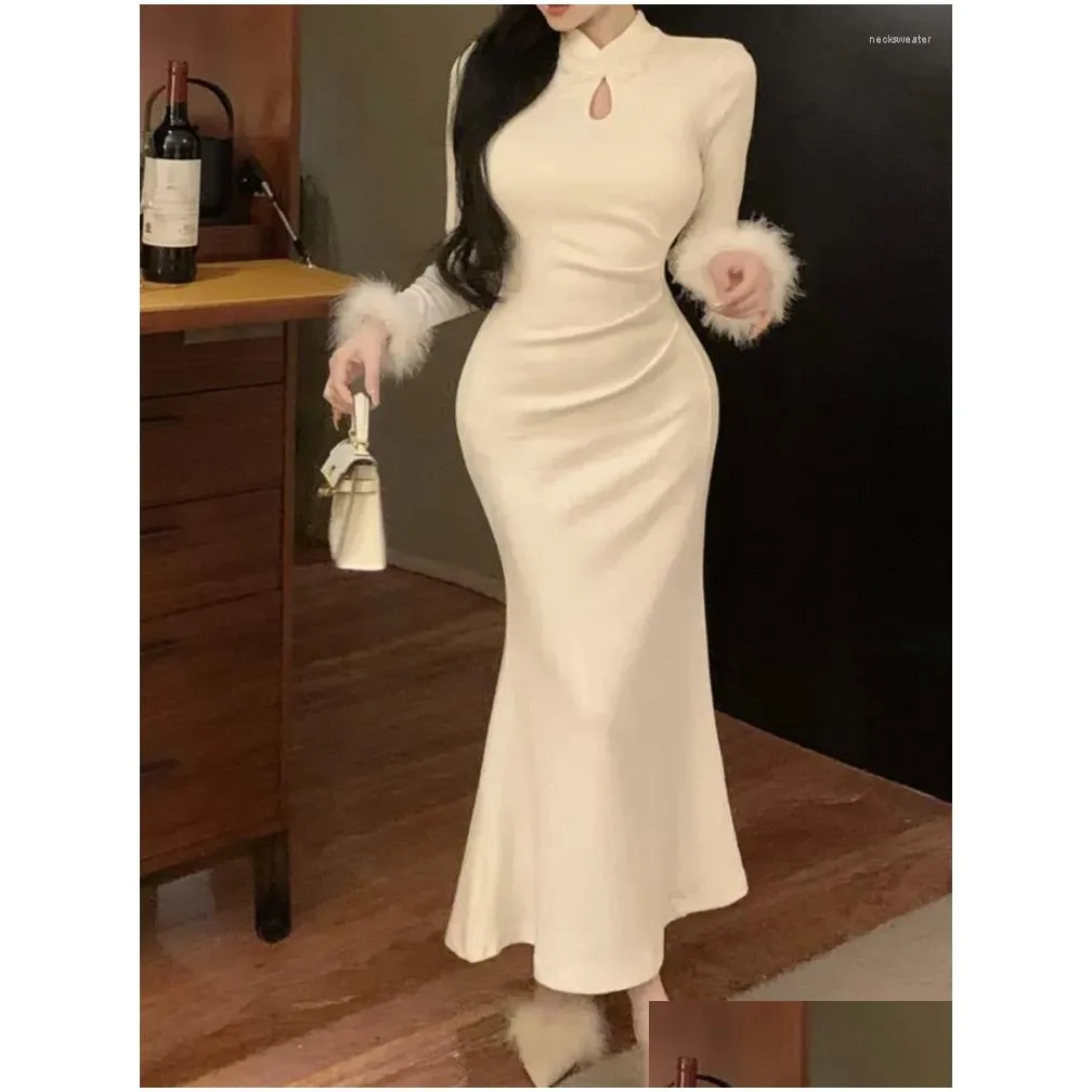 Basic Casual Dresses Solid Elegant Chinese Style Sexy Dress Women Long Sleeve Faux Fur Patchwork High Waist Party Lady Vintage Cheo Dhbsc