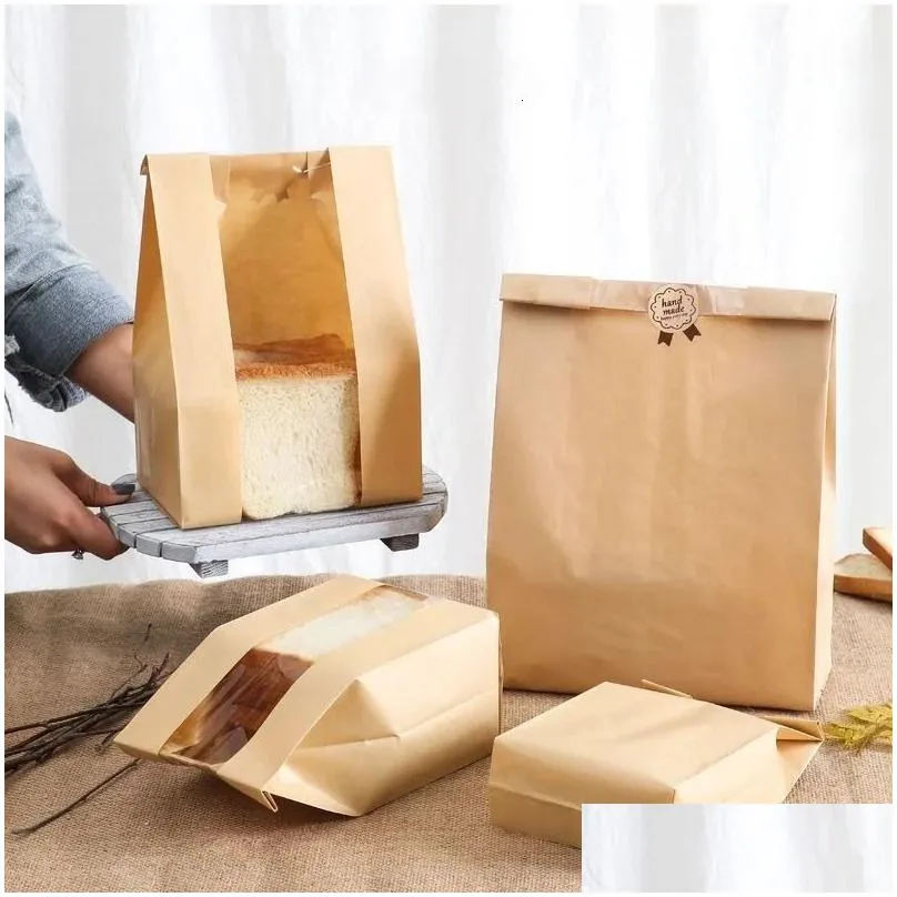 wholesale 50pcs kraft paper bag with window bread packaging bags handmade toast biscuit candy packing pounches baking supplies party decor