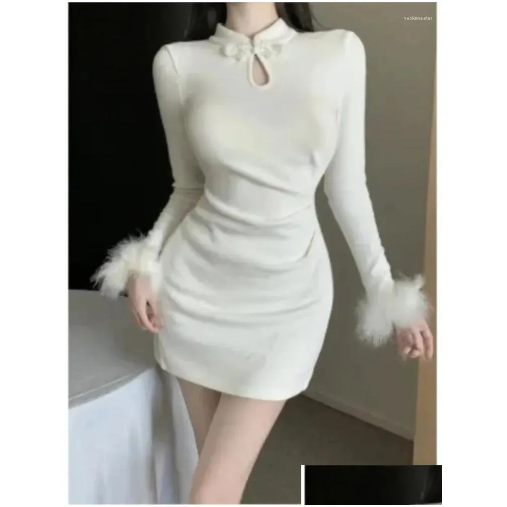 Basic Casual Dresses Solid Elegant Chinese Style Sexy Dress Women Long Sleeve Faux Fur Patchwork High Waist Party Lady Vintage Cheo Dhbsc