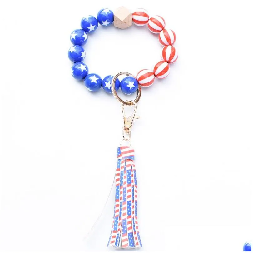 American Flag Creative Bead Bracelet Keychain Patriotic Day 4th of July Party Wristband Key Ring