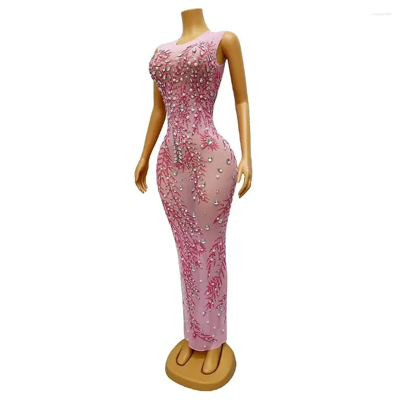 stage wear silver rhinestones crystals sleeveless pink dress sexy stretch outfit dance birthday celebrate costume party fenzhu
