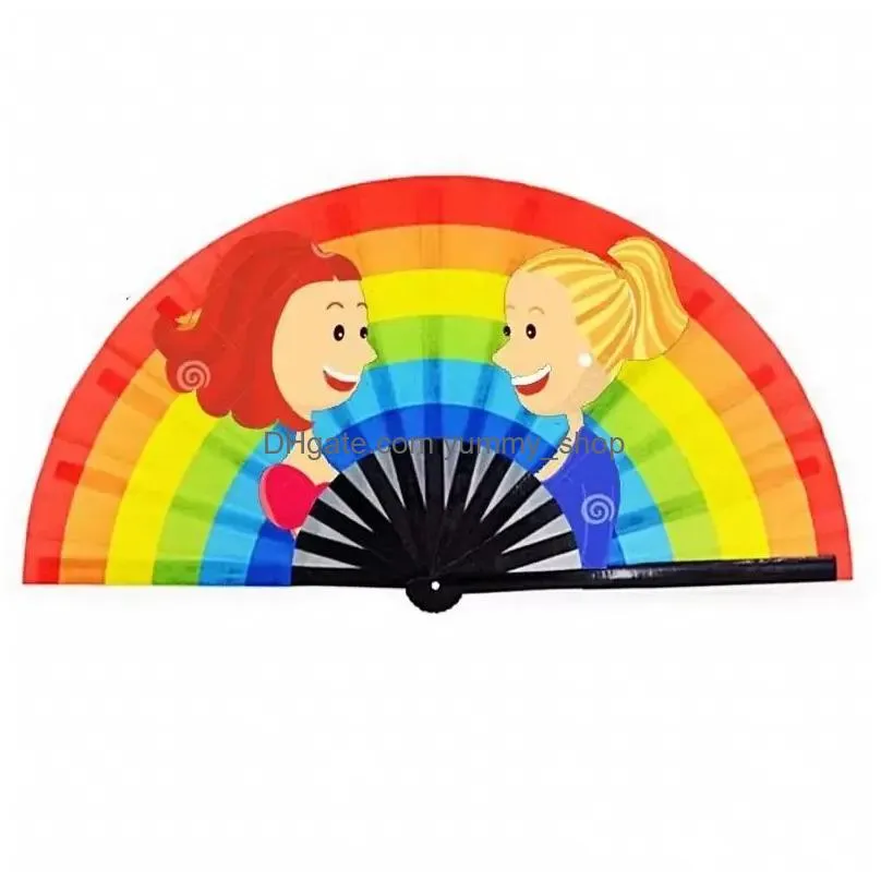 34cm customized large folding hand fan party favor with personalized design printed black bamboo satin silk fabric